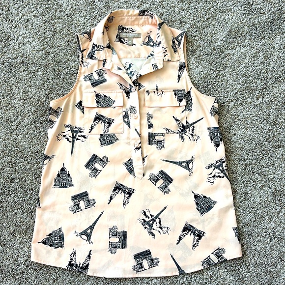 Banana Republic Eiffel Tower Sleeveless Top Paris Print Blouse Women Size Small - Picture 1 of 6